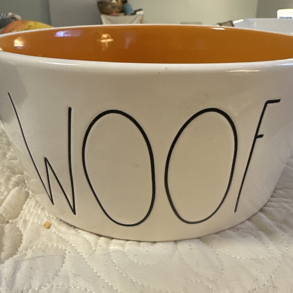Rae Dunn WOOF Cream Ceramic Dog Bowl, NEW 8" Wide 4" Deep Orange Interior
